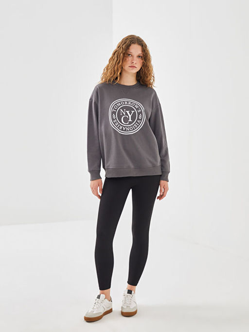 Bisiklet Yaka Bask?l? Oversize Kad?n Sweatshirt