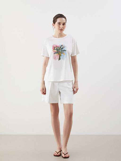 Bisiklet Yaka Bask?l? Kad?n Ti??rt