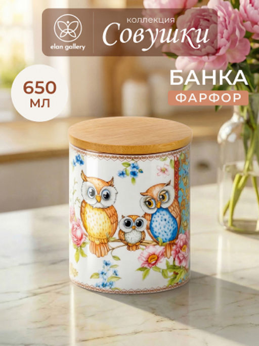 Банка д/хранения 650 мл 10*10*12,5 см Совушки с деревянной крышкой с силик.уплотн. NEW BONE CHINA - Elan gallery фото 7