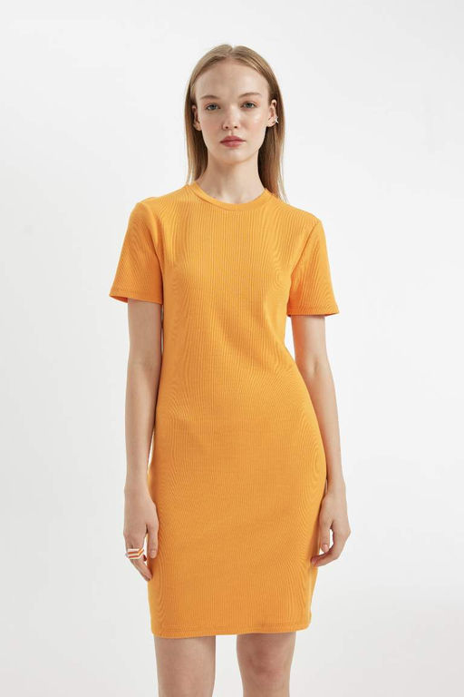 Мини-платье Bodycon с круглым вырезом в рубчик и короткими рукавами - Defacto фото 3