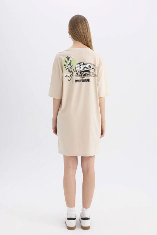Мини-платье-футболка из чесаного хлопка с короткими рукавами и принтом Cool Star Wars-Mandalorian с круглым вырезом - Defacto фото 8