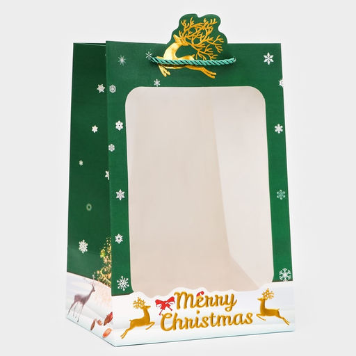 Цена за 2 шт. Пакет подарочный ламинированный с окном «Новый год» тиснение, 30×20×16 см, зеленый