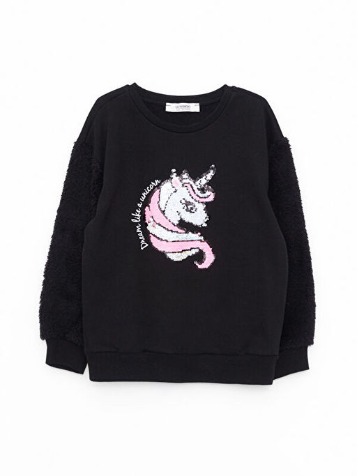 Bisiklet Yaka Pul ??lemeli Uzun Kollu K?z ?ocuk Sweatshirt