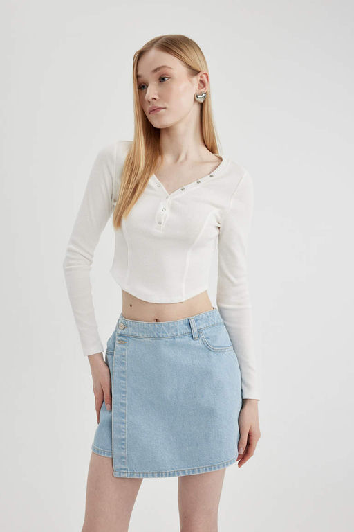 Крутая приталенная футболка в рубчик с длинными рукавами - Defacto фото 3