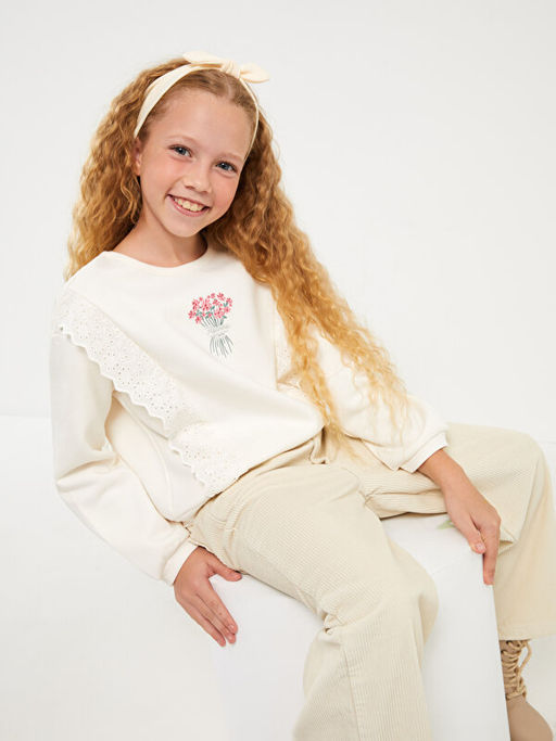 Bisiklet Yaka Bask?l? Uzun Kollu K?z ?ocuk Sweatshirt