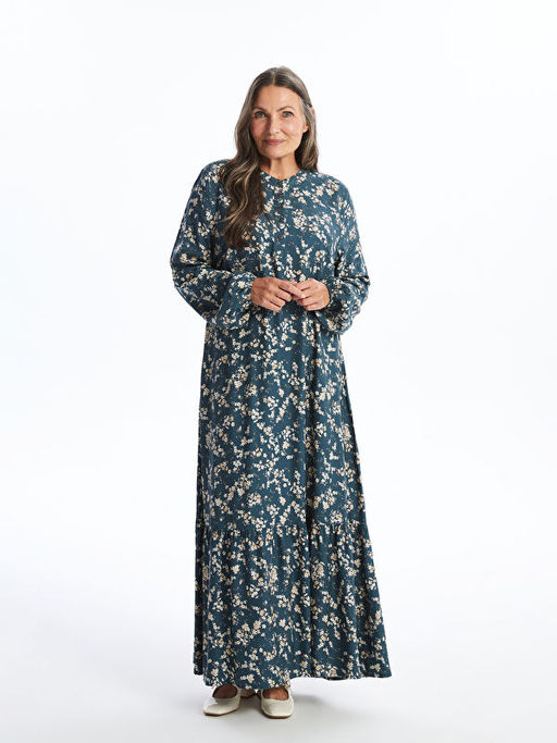 Bisiklet Yaka ?i?ekli Uzun Kollu Elbise