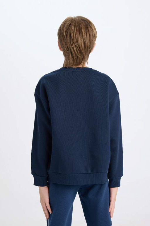 Темно-синий толстый свитшот оверсайз с широким кроем и принтом для мальчиков, круглый вырез - Defacto фото 5