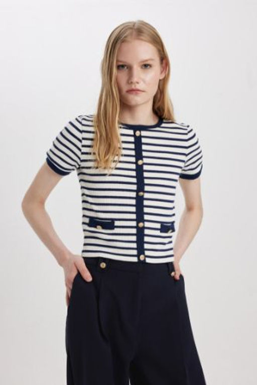 Slim Fit Dar Kesim Bisiklet Yaka Cizgili Fitilli Kaskorse K?sa Kollu Tisort