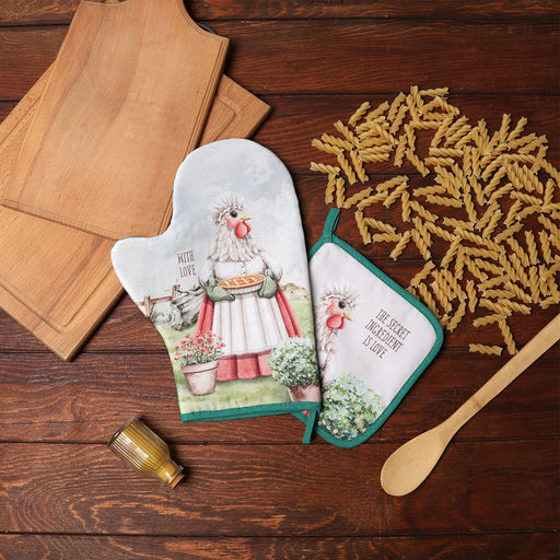 Набор кух. Доляна Курочка: варежка 20х28 см, прихватка 17х17 см, 35% хл, 65% пэ  фото 7
