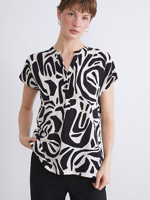 Ka??k Yaka Desenli Keten Kar???ml? Bluz