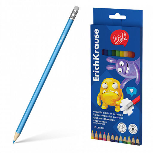 Цена за 12 шт. Цветные карандаши пластиковые ErichKrause Jolly Friends шестигранные стираемые с ластиком, гриф. 3 мм, 12 цв. (в коробке с европодв. 12 шт)