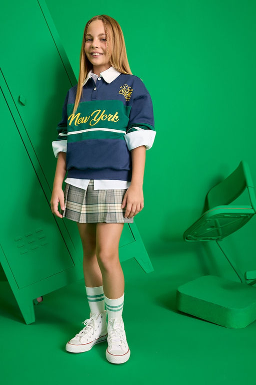 %100 Pamuk Relax Fit Polo Yaka Bask_l_ Okul Sweatshirt K_z _ocuk - Defacto фото 2
