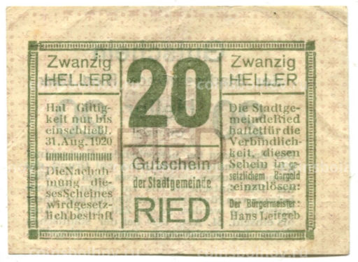 20 геллеров 1920 года Австрия Рид (нотгельд)
