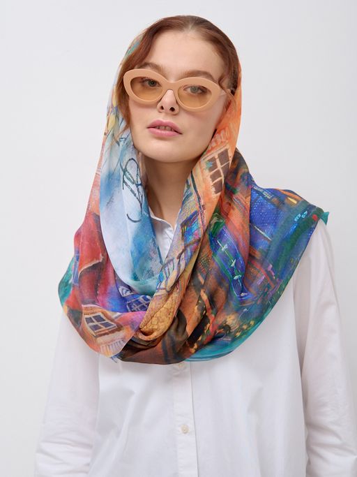 Большой, красивый двусторонний платок с рисунком в стиле арт-декои необычной текстурой ткани - Tantino фото 6