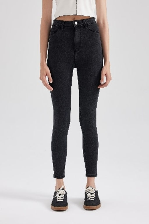 Jegging Yuksek Bel Dar Paca Cepli Bilek Boy Basic Duz Jean Pantolon