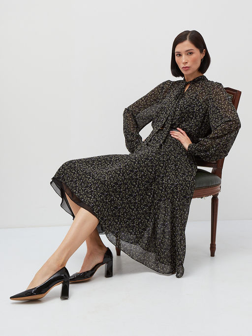 Платье ШИФОН резинка+галстук  черное в мелкий цветок - Tantino фото 10