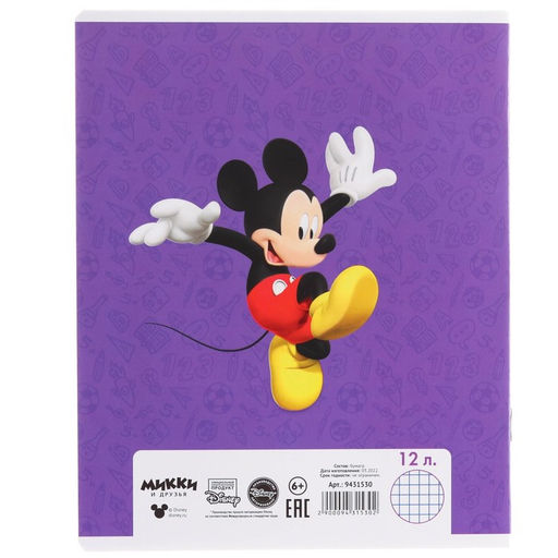Цена за 20 шт. Тетрадь в клетку 12 листов, 5 видов МИКС, обложка мелованная бумага, Микки Маус