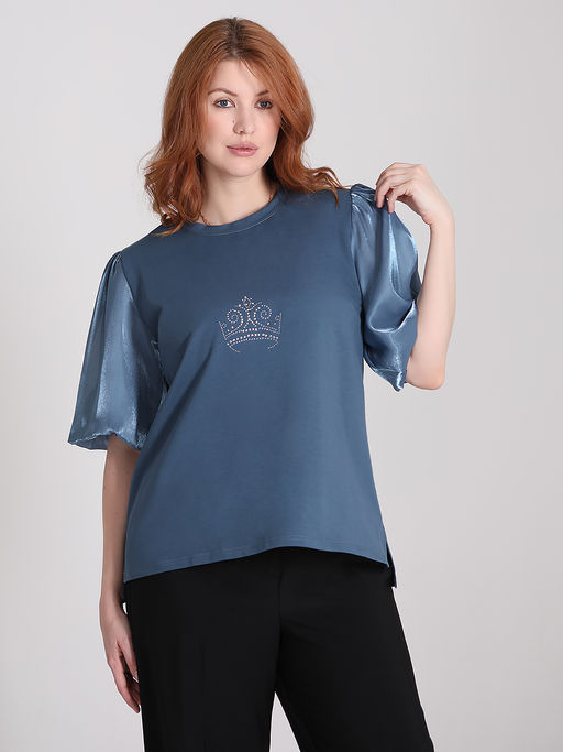 Нарядная блузка с пышными рукавами и стразами летняя - Almond фото 2