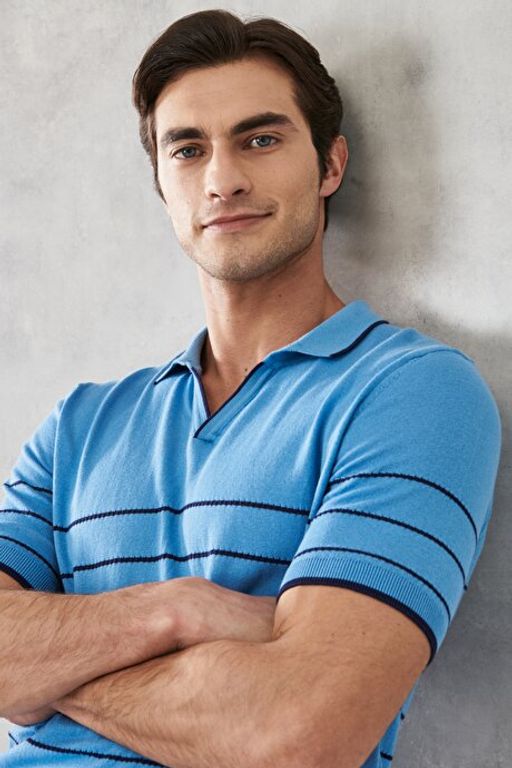 Standart Fit Normal Kesim %100 Pamuk Polo Yaka Mavi-Lacivert Triko Ti__rt 4A4922200201MLI