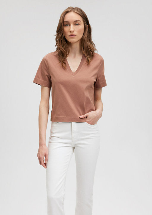 Pamuklu Merserize V Yaka Kahverengi Basic Tisort - Mavi фото 2