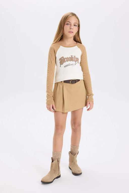 Укороченная футболка с круглым вырезом для девочек и принтом в рубчик, футболка с длинными рукавами - Defacto фото 2