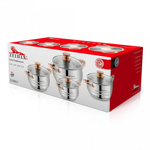 "Zeidan" Набор кастрюль из нержавеющей стали 4 штуки: 2,0л д16см; 2,7л д18см, 3,6л д20см, 6,1л д24см, стеклянные крышки, ручки на корпусе и крышке "под золото", комбинированная полировка снаружи, матовая полировка внутри, 3-х слойное капсулированное