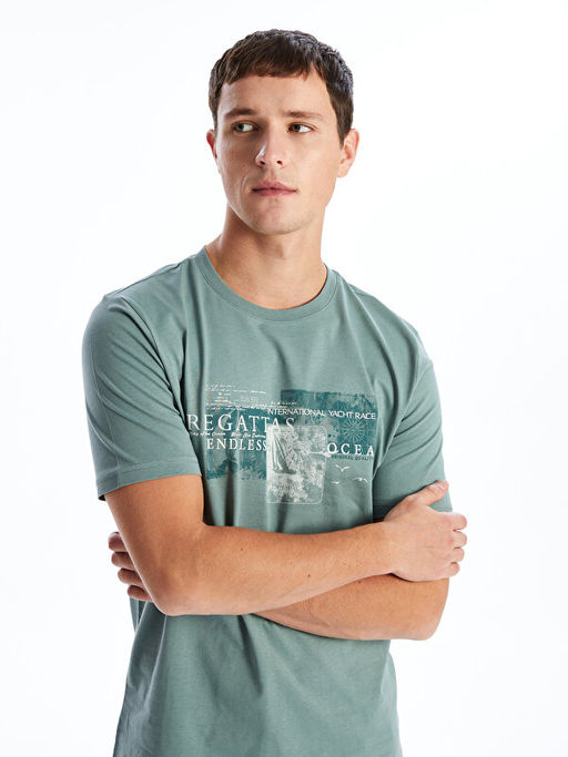 Bisiklet Yaka K?sa Kollu Bask?l? Penye Erkek Ti??rt - Waikiki фото 2