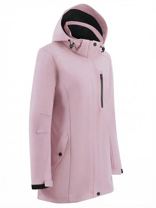 Парка женская софтшелл виндстоппер удлинённая с капюшоном розового цвета 9618_1R