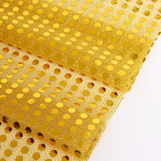 Цена за 50 шт. Ткань для рукоделия и шитья, трикотаж с нанесением фольгированного рисунка пайетками, ширина 120 см, жёлтая
