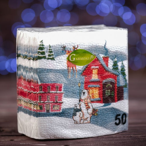 Цена за 5 шт. Салфетки новогодние бумажные Домики, 24?24 см, 50 шт.