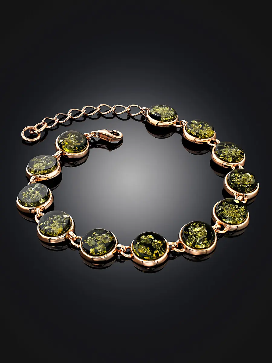 Стильный браслет из золоченого серебра и натурального янтаря зелёного цвета Фурор - Амберхолл фото 2