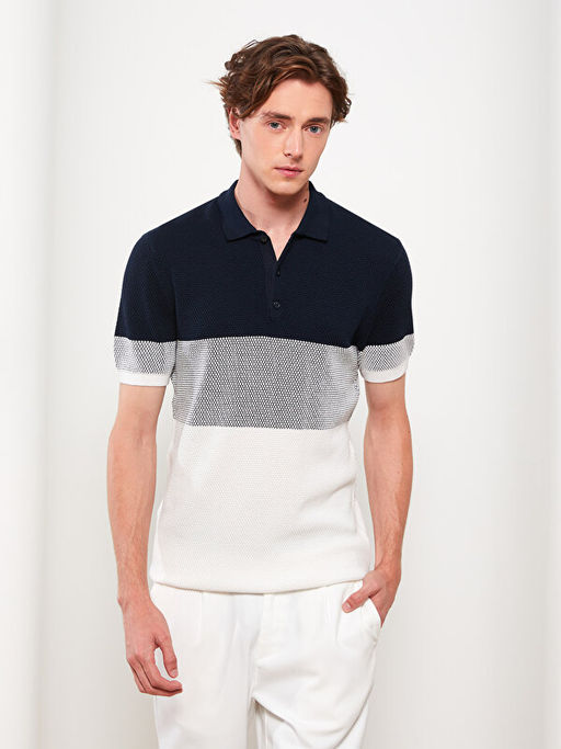 Polo Yaka K?sa Kollu Renk Bloklu Erkek Triko Kazak