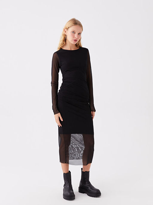 Bisiklet Yaka D?z Uzun Kollu Kad?n Bodycon Elbise