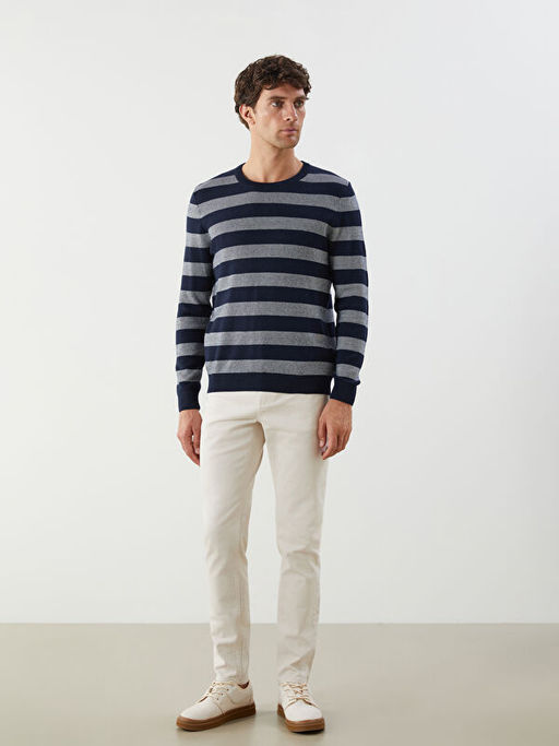 Bisiklet Yaka ?izgili Erkek Triko Kazak