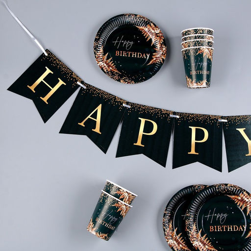Посуда одноразовая бумажная Happy Birthday, зелёный, 6 тарелок, 6 стаканов, гирлянда