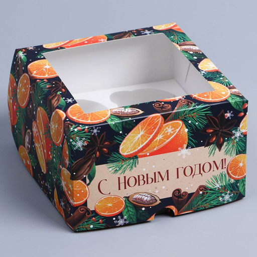 Цена за 5 шт. Коробка складная на 4 капкейка новогодняя с окном «С Новым годом», 16×16×10 см