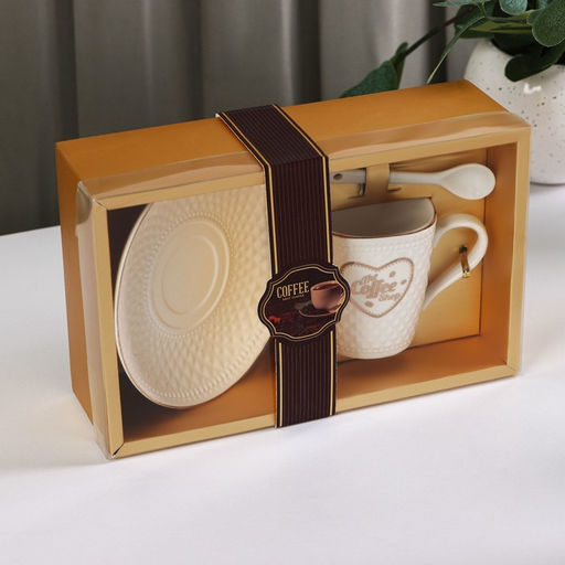 Кофейная пара с ложкой Coffee, 2 предмета: кружка 190 мл, блюдце, керамика, белая