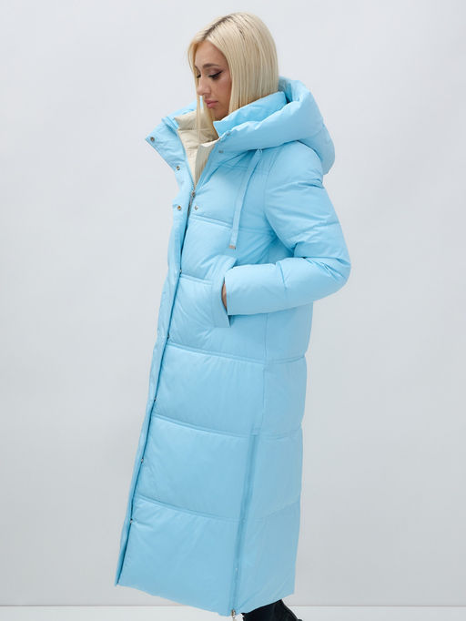 Пальто утепленное стеганное зимнее с капюшоном женское голубого цвета 9625Gl - Mtforce фото 12