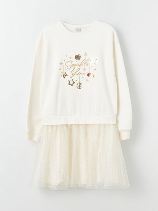 Bisiklet Yaka Bask?l? Uzun Kollu K?z ?ocuk Elbise