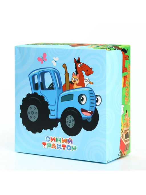 Подарочная коробка складная с 3Д, Синий трактор, 15×15×7 см
