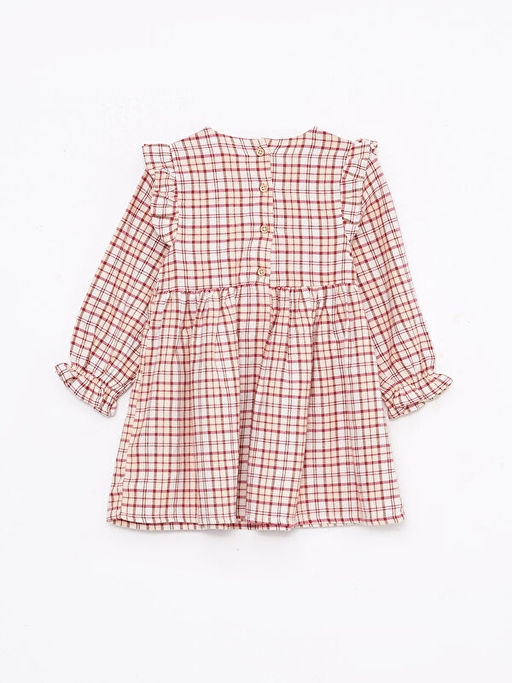 Bisiklet Yaka Uzun Kollu Ekose Desenli Pamuklu K?z Bebek Elbise