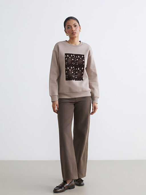 Bisiklet Yaka Bask?l? Kad?n Kal?n Sweatshirt