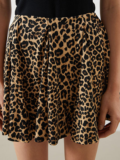 Beli Lastikli Leopar Desenli Mini Etek