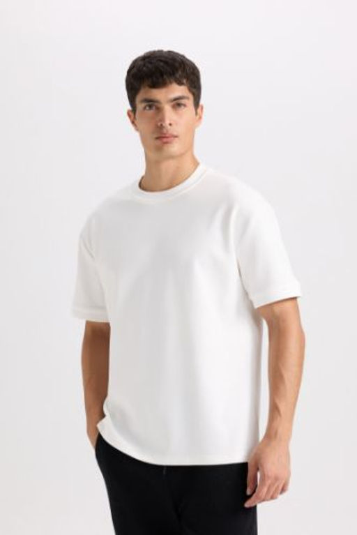 Oversize Genis Kal?p Bisiklet Yaka Basic Duz K?sa Kollu Ag?r Kumas Tisort