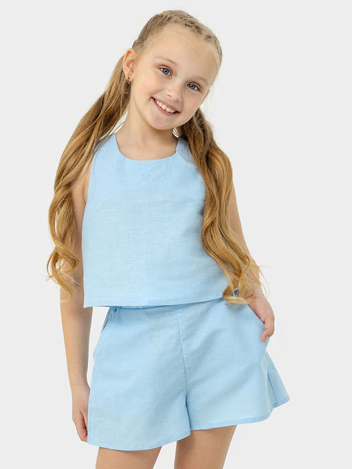 Комплект для девочек (топ, шорты) в голубом цвете, из льна и хлопка - Mark formelle фото 2