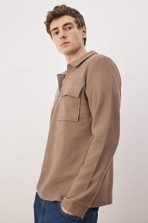 Kahverengi Regular/Normal Kesim Polo Yaka Fermuarl_ Cep Detayl_ Swetshirt TMNAW26SW00059 - Trendyolmilla фото 2