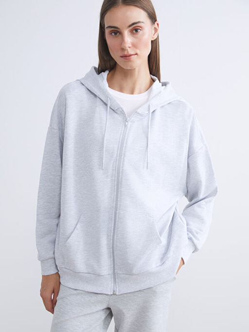 Kap??onlu Oversize Kad?n Kal?n Fermuarl? Sweatshirt
