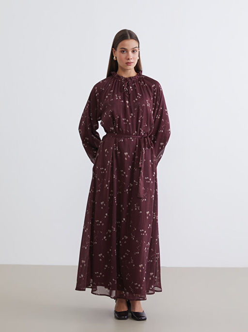 Desenli Belden Oturtmal? ?ifon Elbise