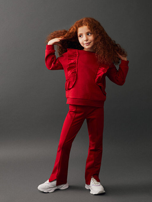 Bisiklet Yaka Uzun Kollu K?z ?ocuk Sweatshirt ve Pantolon