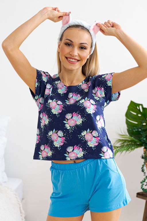 Комплект женский из футболки со спущенным плечом и шорт Fairy-tale цветы на темно-синем - Амадэль фото 5
